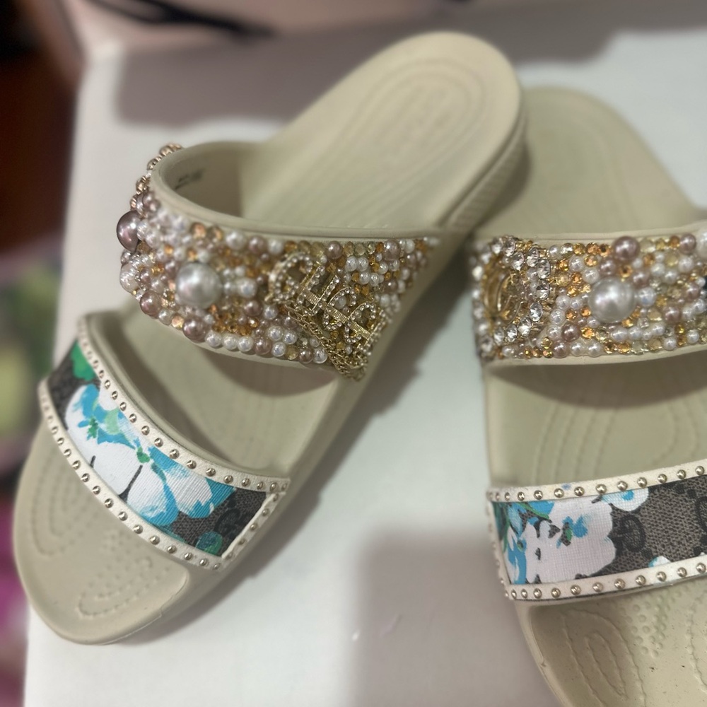 CROCS Women's Sandals - Cream and Gold with Floral Accents